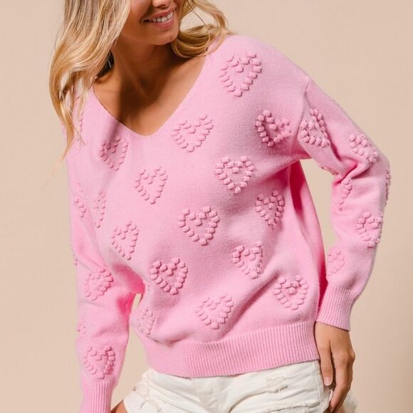 BiBi Pompom V Neck Knit Top Pale Pink Heart Pattern Sweater Sz Medium [6-8] - Picture 11 of 15